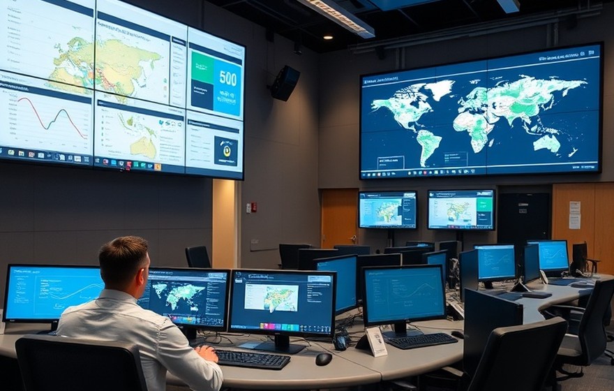 Centro de monitoreo con el estado de la red de terminales en pantalla